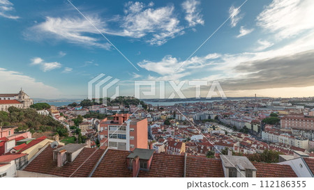 Panorama showing Lisbon famous aerial view from Miradouro da Senhora do Monte tourist viewpoint timelapse 112186355