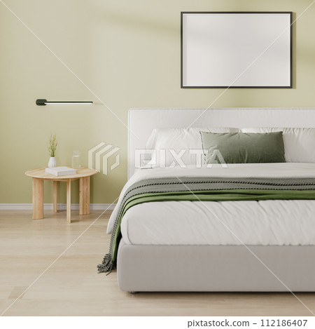 Horizontal frame mock up above bed in bedroom interior in light green tone, 3d render 112186407
