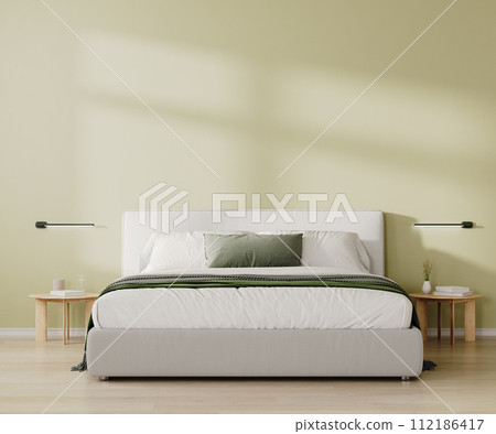 Modern bedroom interior. King size bed with white and green bedding and pillows, light green wall, 3d render 112186417