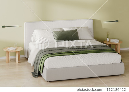 Close up of bedroom interior with bed and bedside table with decor, light green wall, 3d render Close up of bedroom interior with bed and bedside table with decor, light green wall, 3d render 112186422