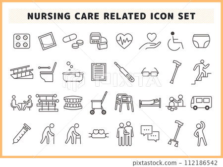 Nursing care supplies and welfare related icon material set 112186542