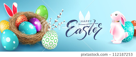 Easter card with Easter eggs in a nest and a bunny on a blue background 112187253