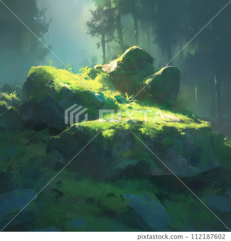 [AI generated image/AI illustration] Forest shrouded in fog and mossy rocks 112187602