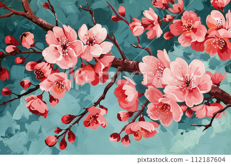 [AI generated image/AI illustration] Blue background and cherry blossoms 112187604