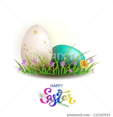 Isolated design element,Easter eggs in green grass with flowers 112187631