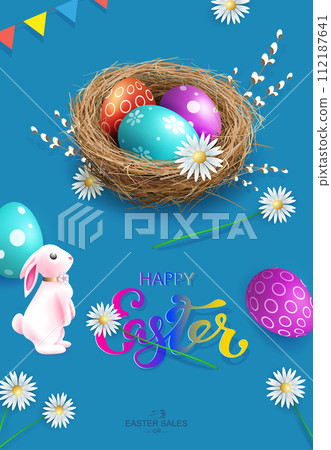 Blue illustration with Easter eggs in a nest, a beautiful pink bunny and flowers 112187641
