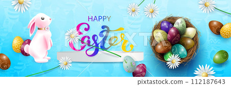 Blue texture card with Easter eggs in a nest, a beautiful bunny and a podium 112187643