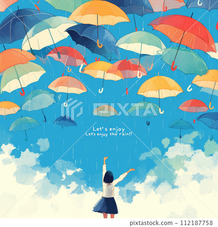 [AI generated image/AI illustration] Girl in uniform with many umbrellas 112187758