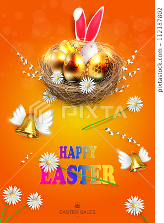 Orange composition with a nest, shiny Easter eggs of a golden hue and with bunny ears 112187802
