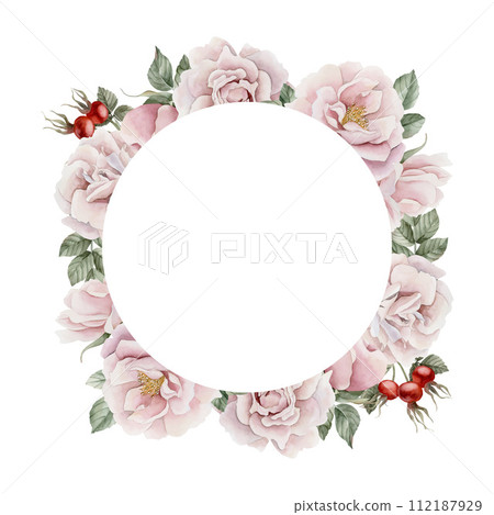 Wreath of pink rose hip flowers with buds, leaves and red berries. Floral watercolor illustration hand painted isolated on white background. Perfect for invitation, greeting cards, posters, labels, wa 112187929