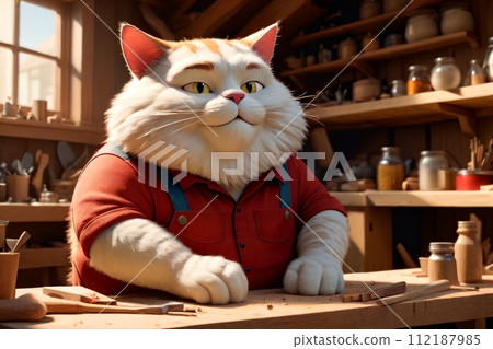 A fat cat in a T-shirt works in his carpentry workshop 112187985