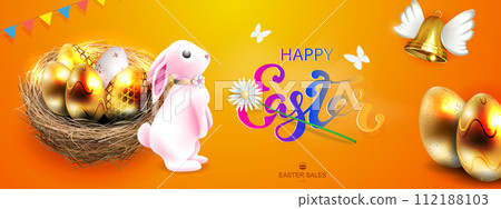 Orange composition with a nest, golden Easter eggs and a cute bunny 112188103