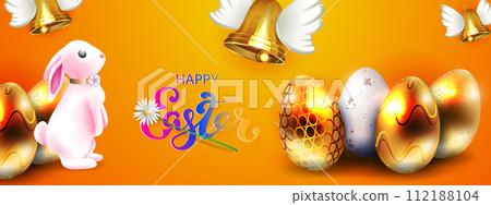 Easter orange card, wonderful bunny, set of eggs and golden bells 112188104