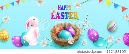 Blue illustration with nest, Easter eggs and cute bunny 112188105