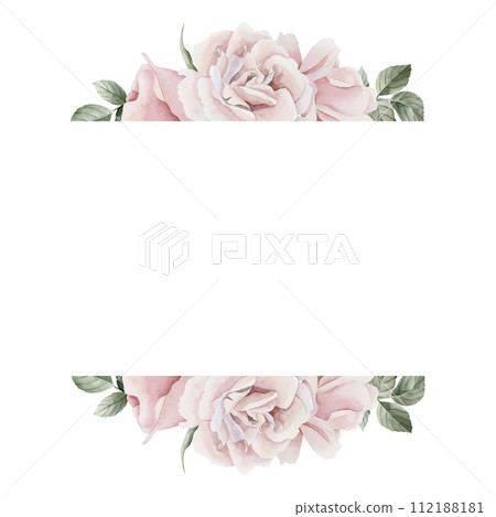 Frame of pink rose hip flowers with leaves, Victorian style rose. Floral watercolor illustration hand painted isolated on white background. Perfect for invitation, greeting cards, posters, labels, wal Frame of pink rose hip flowers with leaves, Victorian style rose. Floral watercolor illustration hand painted isolated on white background. Perfect for invitation, greeting cards, posters, labels, wal 112188181