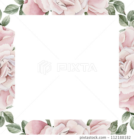 Frame of pink rose hip flowers with leaves, Victorian style rose. Floral watercolor illustration hand painted isolated on white background. Perfect for invitation, greeting cards, posters, labels, wal Frame of pink rose hip flowers with leaves, Victorian style rose. Floral watercolor illustration hand painted isolated on white background. Perfect for invitation, greeting cards, posters, labels, wal 112188182