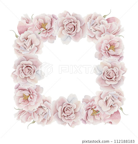 Frame of pink rose hip flowers. Victorian style rose. Floral watercolor illustration hand painted isolated on white background. Perfect for invitation, greeting cards, posters, labels, wallpapers, wra 112188183