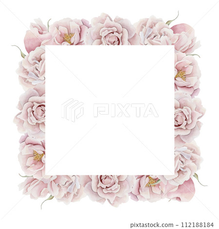 Frame of pink rose hip flowers. Victorian style rose. Floral watercolor illustration hand painted isolated on white background. Perfect for invitation, greeting cards, posters, labels, wallpapers, wra Frame of pink rose hip flowers. Victorian style rose. Floral watercolor illustration hand painted isolated on white background. Perfect for invitation, greeting cards, posters, labels, wallpapers, wra 112188184