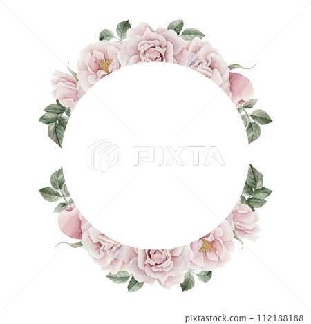 Wreath of pink rose hip flowers with leaves. Floral watercolor illustration hand painted isolated on white background. Perfect for invitation, greeting cards, posters, labels, wallpapers, wrappers, fa 112188188