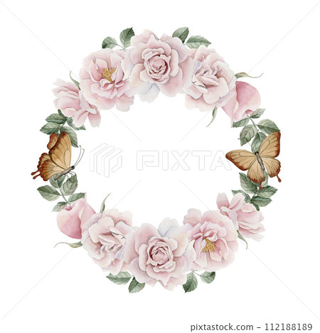Wreath of pink rose hip flowers with leaves and butterflies. Floral watercolor illustration hand painted isolated on white background. Perfect for invitation, greeting cards, posters, labels, wallpape Wreath of pink rose hip flowers with leaves and butterflies. Floral watercolor illustration hand painted isolated on white background. Perfect for invitation, greeting cards, posters, labels, wallpape 112188189