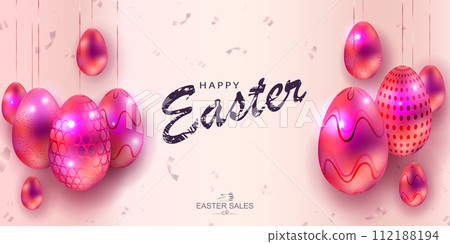 Easter light design with red shiny eggs with a pattern on pendants 112188194
