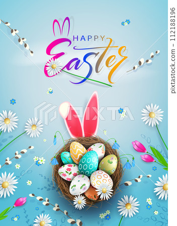 Easter blue card with basket with eggs, bunny ears and flowers 112188196