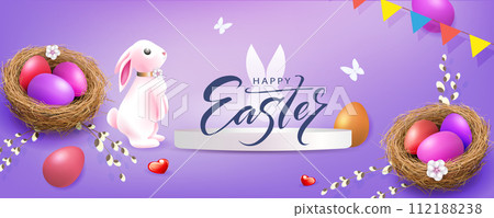 Easter card with a cute bunny and eggs in a nest on a purple background 112188238