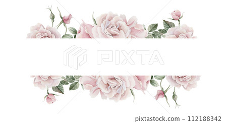 Horizontal frame of pink rose hip flowers, buds and leaves, Victorian style rose. Floral watercolor illustration hand painted isolated on white background. Perfect for invitation, greeting cards, post 112188342