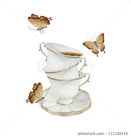 Composition of white porcelain tea cups with tea, saucers with gilded rim and brown butterflies. Victorian style. Watercolor illustration hand painted isolated on white background. For invitations, gr 112188356