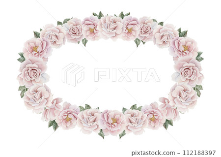 Oval wreath of pink rose hip flowers with leaves. Victorian style. Floral watercolor illustration hand painted isolated on white background. Perfect for invitation, greeting cards, posters, labels, wa 112188397