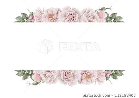 Horizontal frame of pink rose hip flowers with leaves, Victorian style. Floral watercolor illustration hand painted isolated on white background. Perfect for invitation, greeting cards, posters, label Horizontal frame of pink rose hip flowers with leaves, Victorian style. Floral watercolor illustration hand painted isolated on white background. Perfect for invitation, greeting cards, posters, label 112188403