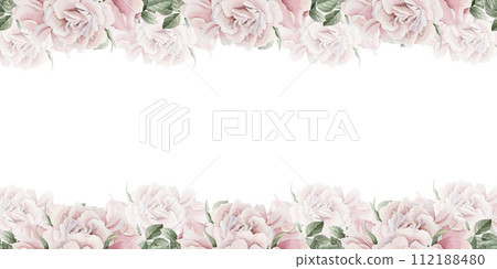 Horizontal seamless border of pink rose hip flowers with leaves. Victorian style. Floral watercolor illustration hand painted isolated on white background. Perfect for invitation, greeting cards, post 112188480