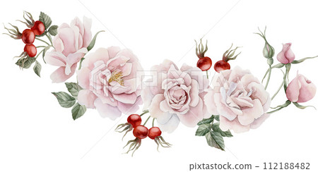 Horizontal seamless border of pink rose hip flowers, buds, leaves and berries. Victorian style rose. Floral watercolor illustration hand painted isolated on white background. Perfect for invitation, g Horizontal seamless border of pink rose hip flowers, buds, leaves and berries. Victorian style rose. Floral watercolor illustration hand painted isolated on white background. Perfect for invitation, g 112188482