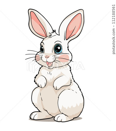 Cute sitting baby bunny with legs tucked in, vector illustration for Easter hunt, wild forest animal, color isolated linear illustration. White Toy rabbit. Cute sitting baby bunny with legs tucked in, vector illustration for Easter hunt, wild forest animal, color isolated linear illustration. White Toy rabbit. 112188561