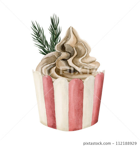Cupcake with brown cream and pine brunches. Watercolor illustration isolated on white background for winter christmas holiday design. Cupcake with brown cream and pine brunches. Watercolor illustration isolated on white background for winter christmas holiday design. 112188929