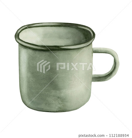 Green enamel mug. Watercolor illustration isolated on white background for winter holiday design. Green enamel mug. Watercolor illustration isolated on white background for winter holiday design. 112188934