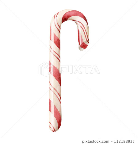 Christmas candy cane. Watercolor illustration, isolated on white backgraund. Christmas winter holiday symbol, 2024 year. 112188935