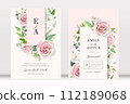 Elegant spring summer floral watercolor wedding invite, save the date card design. Dusty pink rose, lisanthus, jasmine flowers, greenery eucalyptus leaves, seeds vector illustration. Editable template Elegant spring summer floral watercolor wedding invite, save the date card design. Dusty pink rose, lisanthus, jasmine flowers, greenery eucalyptus leaves, seeds vector illustration. Editable template 112189068