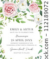 Spring, summer wedding invite design. Elegant watercolor floral save the date card template. Pink, white roses, green eucalyptus branches, leaves, seeds bouquet frame. Editable vector art illustration Spring, summer wedding invite design. Elegant watercolor floral save the date card template. Pink, white roses, green eucalyptus branches, leaves, seeds bouquet frame. Editable vector art illustration 112189072