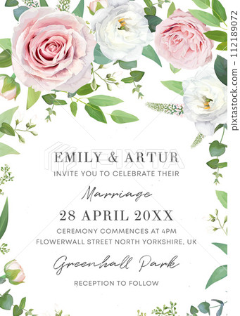 Spring, summer wedding invite design. Elegant watercolor floral save the date card template. Pink, white roses, green eucalyptus branches, leaves, seeds bouquet frame. Editable vector art illustration Spring, summer wedding invite design. Elegant watercolor floral save the date card template. Pink, white roses, green eucalyptus branches, leaves, seeds bouquet frame. Editable vector art illustration 112189072