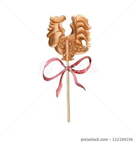 Candy cock lollipop with red ribbon bow. Watercolor illustration isolated on white background. Childhood, holiday design elements, greeting New year card. Candy cock lollipop with red ribbon bow. Watercolor illustration isolated on white background. Childhood, holiday design elements, greeting New year card. 112189156