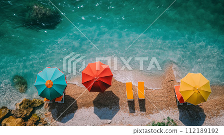 Summer Bliss: Aerial View of a Relaxing Beach with Umbrellas and Chairs., Generative AI 112189192
