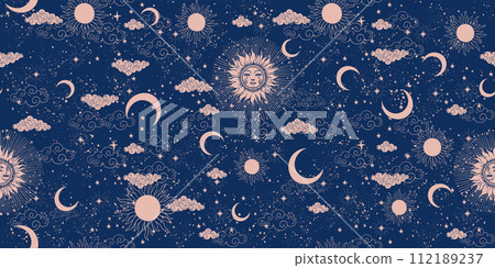 Sun with face, clouds and stars, seamless celestial pattern for fabric, mystical astrology background, horoscope vector ornament. Zodiac banner for text. Sun with face, clouds and stars, seamless celestial pattern for fabric, mystical astrology background, horoscope vector ornament. Zodiac banner for text. 112189237