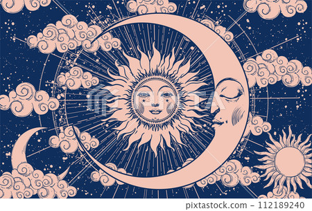 Mystical celestial astrology banner with sun and moon with face, vector esoteric poster of zodiac, horoscope, tarot. Creation of the Universe with clouds, stars and sun. Mystical celestial astrology banner with sun and moon with face, vector esoteric poster of zodiac, horoscope, tarot. Creation of the Universe with clouds, stars and sun. 112189240