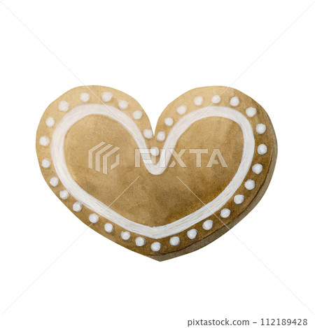 Gingerbread heart cookie. Traditional Christmas cookies. Watercolor illustration isolated on white background for winter holiday design. Gingerbread heart cookie. Traditional Christmas cookies. Watercolor illustration isolated on white background for winter holiday design. 112189428