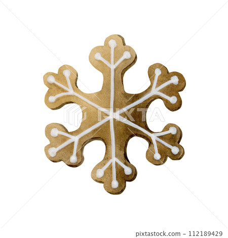 Gingerbread snowflake cookie. Traditional Christmas cookies. Watercolor illustration isolated on white background for winter holiday design. Gingerbread snowflake cookie. Traditional Christmas cookies. Watercolor illustration isolated on white background for winter holiday design. 112189429