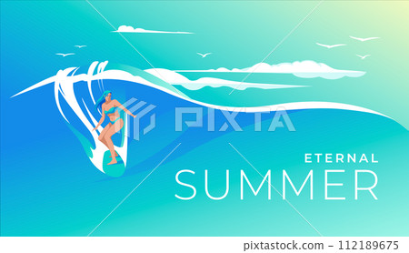 A girl is surfing on a blue wave. Traditional summer vacation by the sea. Blue daytime sky. Travel and leisure advertising horizontal banner. Vector illustration A girl is surfing on a blue wave. Traditional summer vacation by the sea. Blue daytime sky. Travel and leisure advertising horizontal banner. Vector illustration 112189675