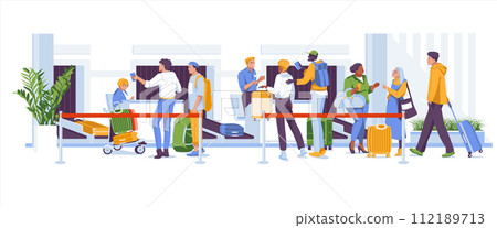 Baggage drop-off at the airport. Service scene with various characters. Vector flat illustration. Travel by plane. 112189713