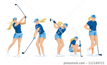 golf sports woman posing on white background. Sports lifestyle, hobbies and professional activities. Vector flat illustration 112189721