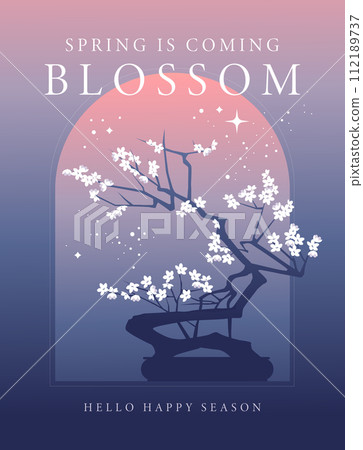 A branch of a flowering tree on an abstract color gradient background. Spring mood. design concept of greeting and advertising card. Vector illustration A branch of a flowering tree on an abstract color gradient background. Spring mood. design concept of greeting and advertising card. Vector illustration 112189737